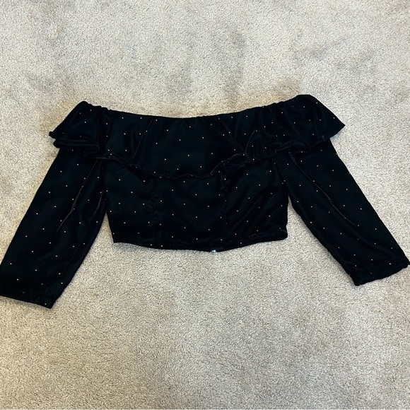TOPSHOP black velvet ruffle frill polkadot crop top Sz 4 - Picture 5 of 11